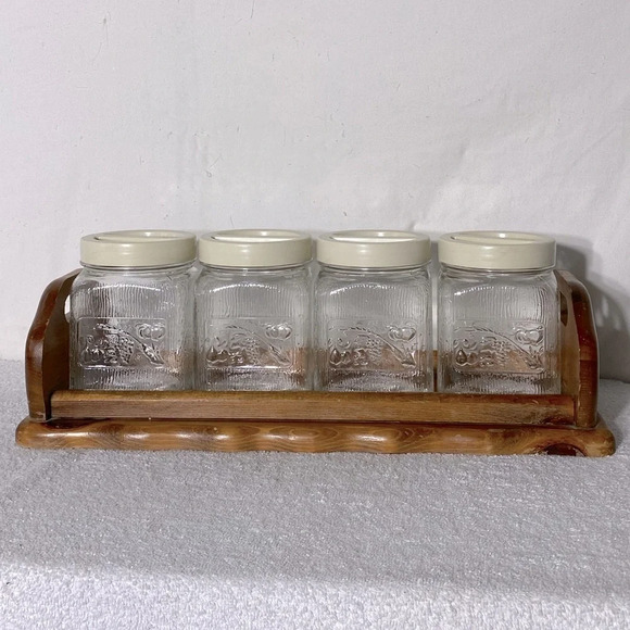 Vintage Primizie Glass Canister Set With Plastic Borgonovo Lids And Wood Tray - Picture 1 of 16